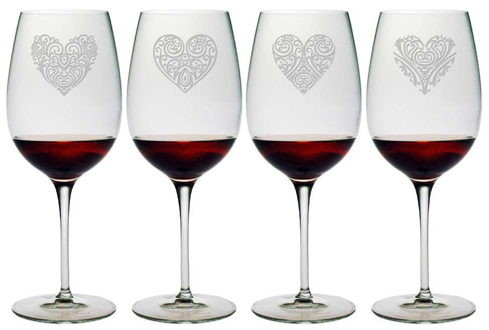 Heart Designs Bormioli Wine Glasses ~ Set of 4