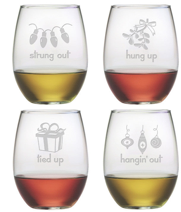 Holiday Hang Ups ~ Stemless Wine Glasses ~ Set of 4