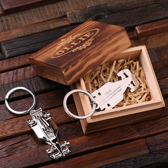 Race Car Key Chain and Wood Gift Box - Gifts for Him