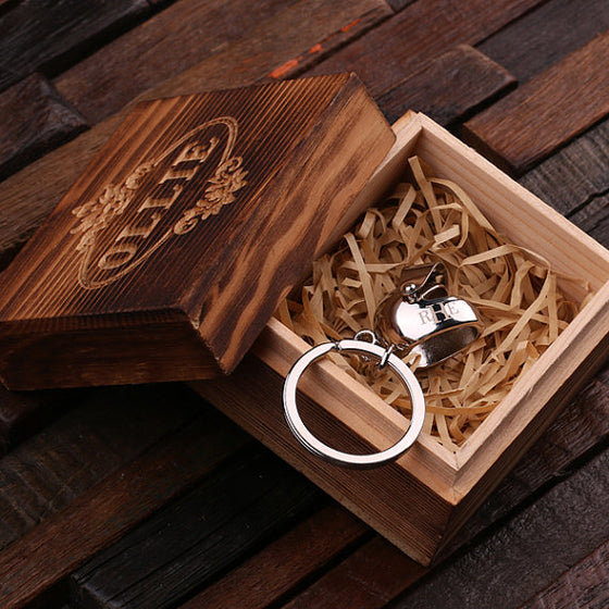 Motorcycle Helmet Key Chain and Wood Gift Box