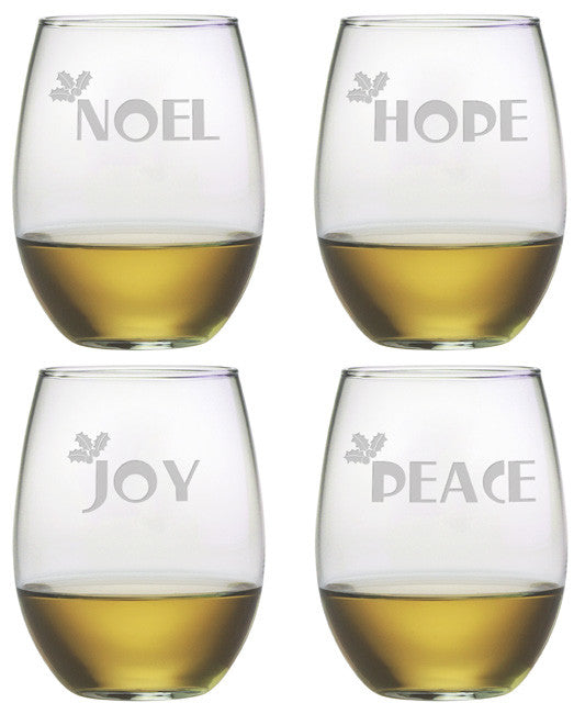 Noel Hope Joy Peace ~ Stemless Wine Glasses ~ Set of 4