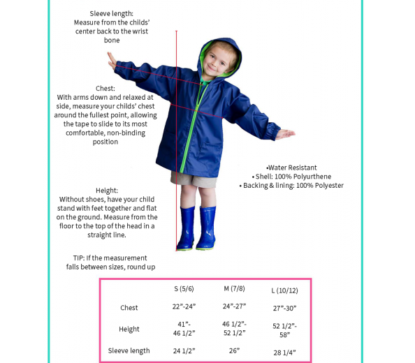 Kids' Rain Jacket - Size Chart