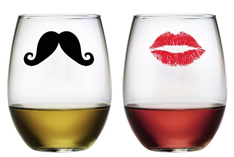 Kiss and Mustache Stemless Wine Glasses ~ Set of 2