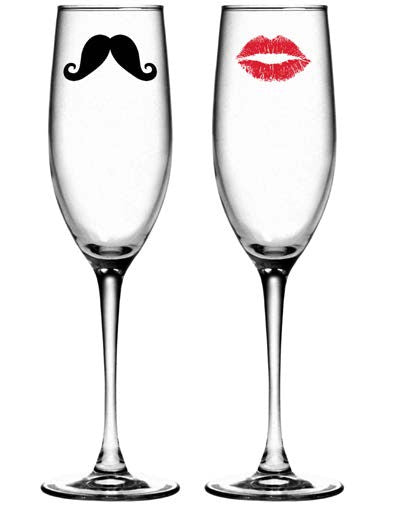 Kiss and Mustache Champagne Glasses ~ Set of 2