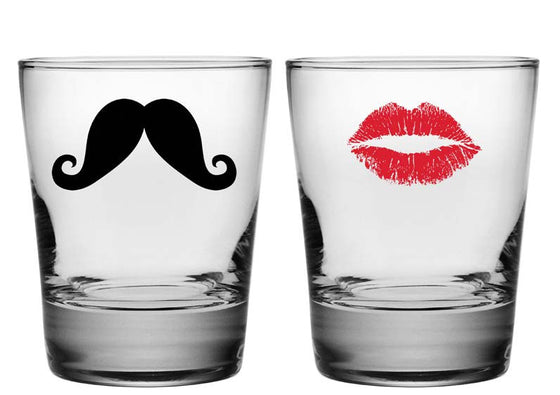 Kiss and Mustache Double Old Fashioned Glasses ~ Set of 2