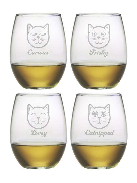 Feline Faces Stemless Wine Glasses ~ Set of 4