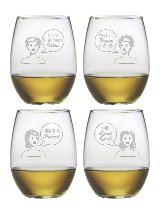 Retro Woman Stemless Wine Glasses ~ Set of 4