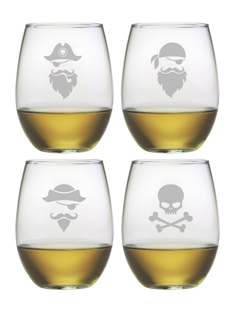 Pirate Faces Stemless Wine Glasses ~ Set of 4