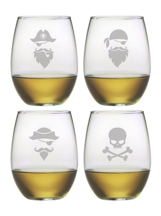 Pirate Faces Stemless Wine Glasses ~ Set of 4
