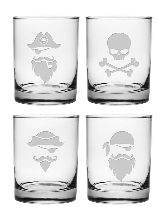 Pirate Faces Double Old Fashioned Glasses ~ Set of 4