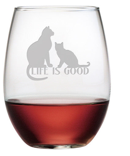 Life is Good - Cats Stemless Wine Glasses ~ Set of 4