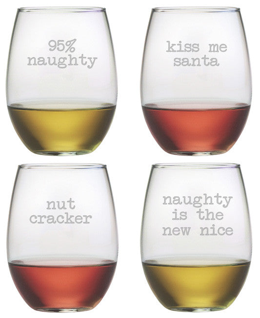 Naughty Christmas ~ Stemless Wine Glasses ~ Set of 4