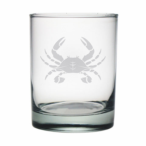 Crab Etched Double Old Fashioned Glasses ~ Set of 4