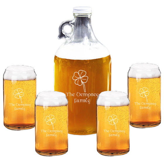 Four Leaf Growler and Beer Can Glass Set ~ Personalized