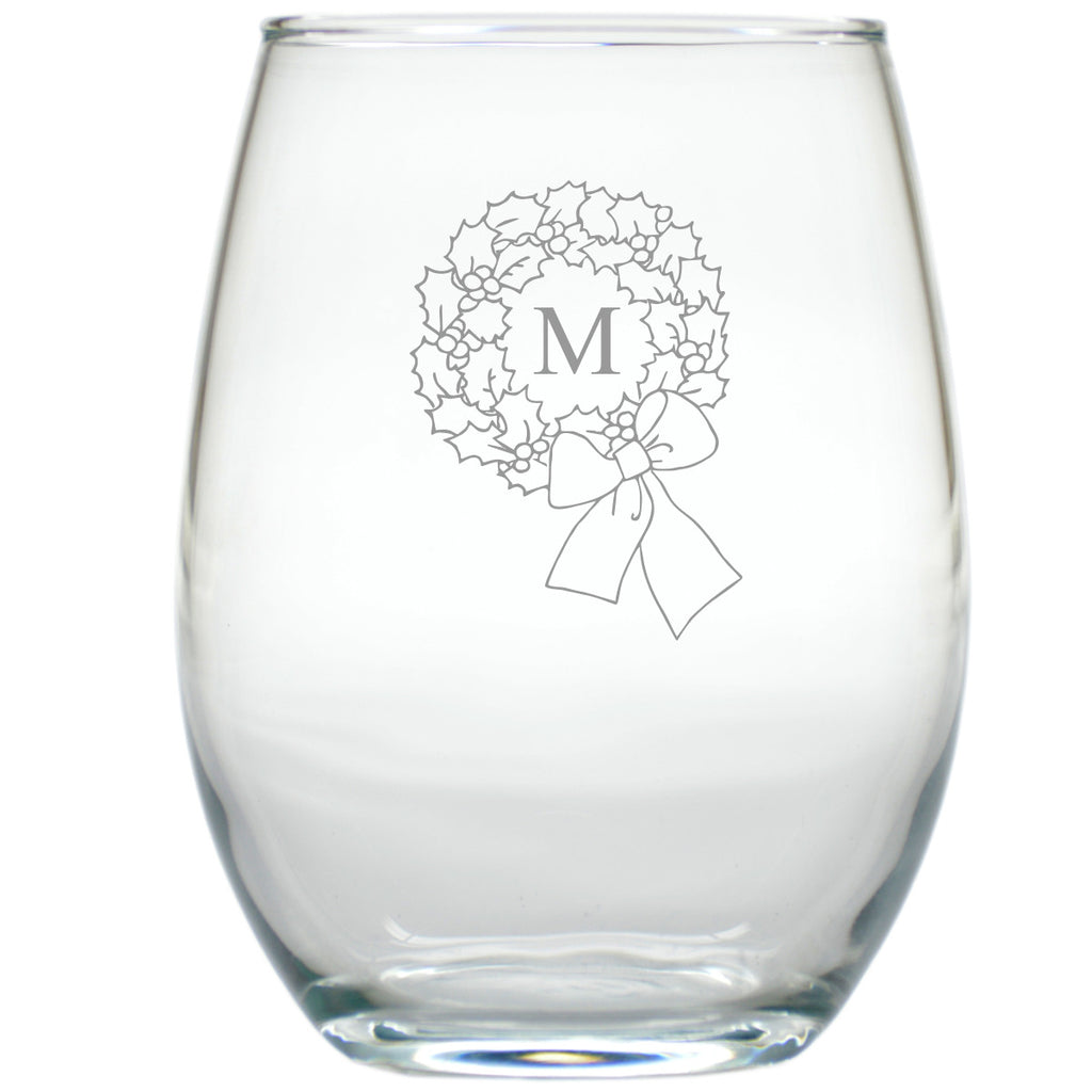 Wreath Stemless Wine Glasses - Set of 4 - Personalized