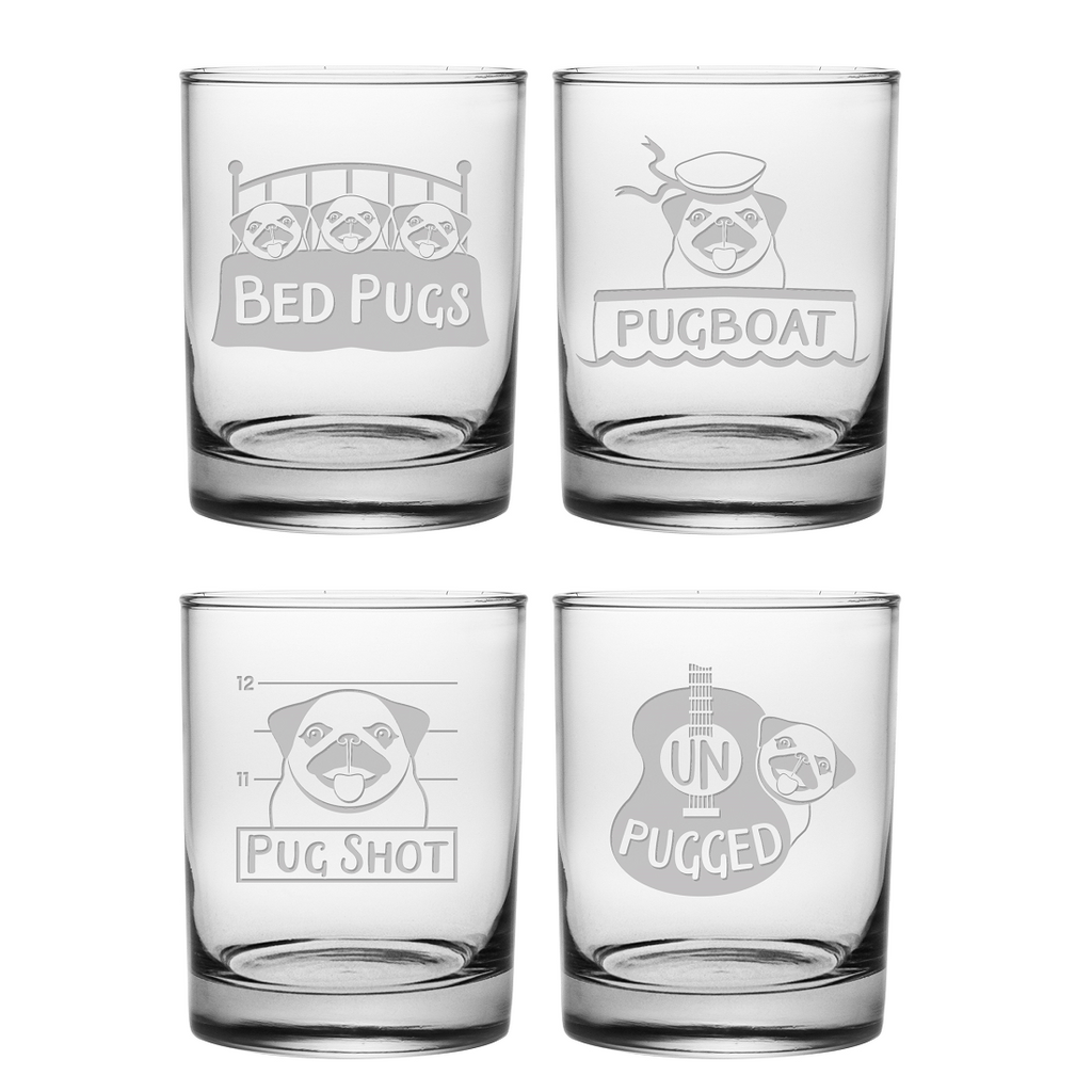 Pug Shots Double Old Fashioned Glasses ~ Set of 4 | Premier Home & Gifts