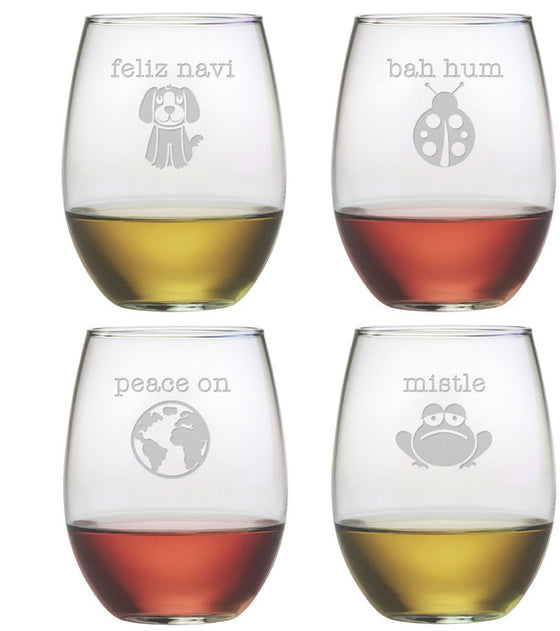 Punny Christmas Assortment ~ Stemless Wine Glasses ~ Set of 4