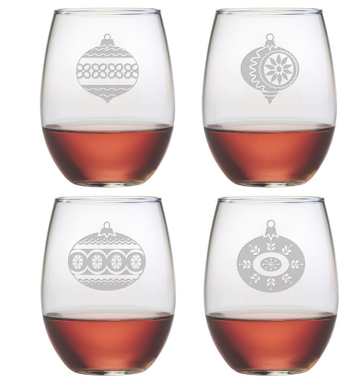Retro Ornaments ~ Stemless Wine Glasses ~ Set of 4