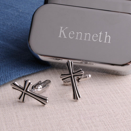 Silver Cross Cufflinks with Personalized Case