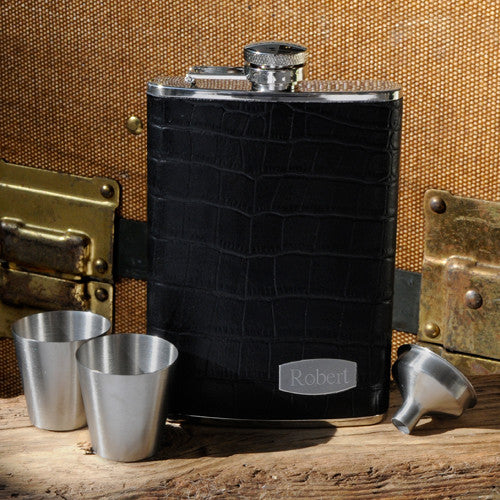 Black Leather Flask Set with Shot Glasses and Funne