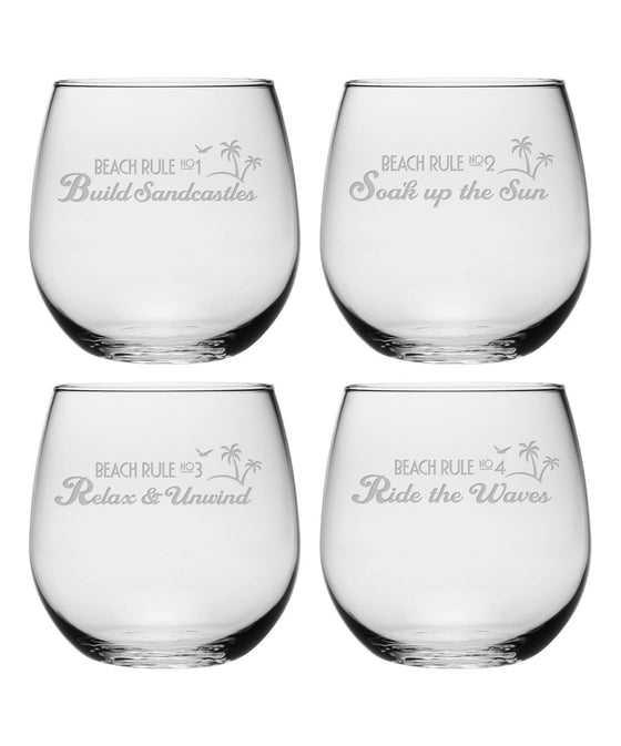 Beach Rules Stemless Wine Glasses ~ Set of 4
