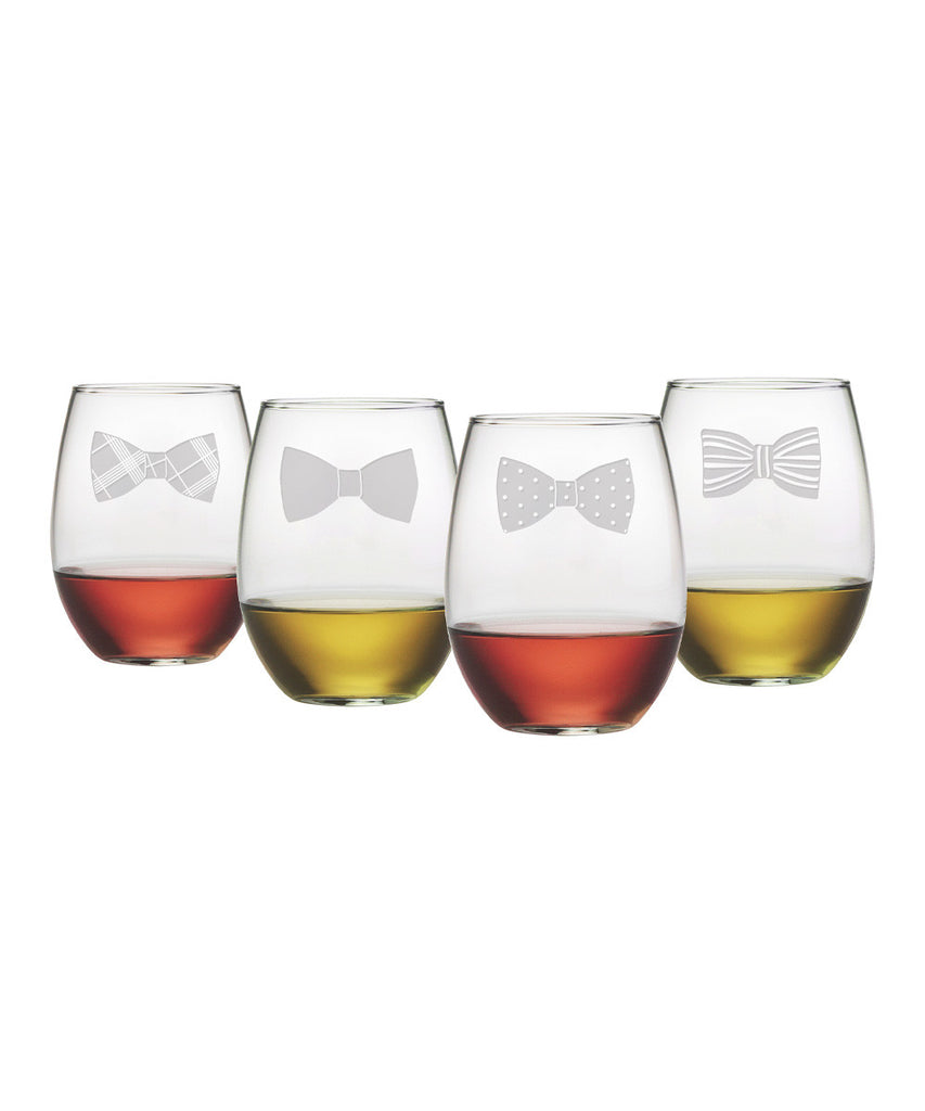 Bow Ties ~ Stemless Wine Glasses ~ Set of 4